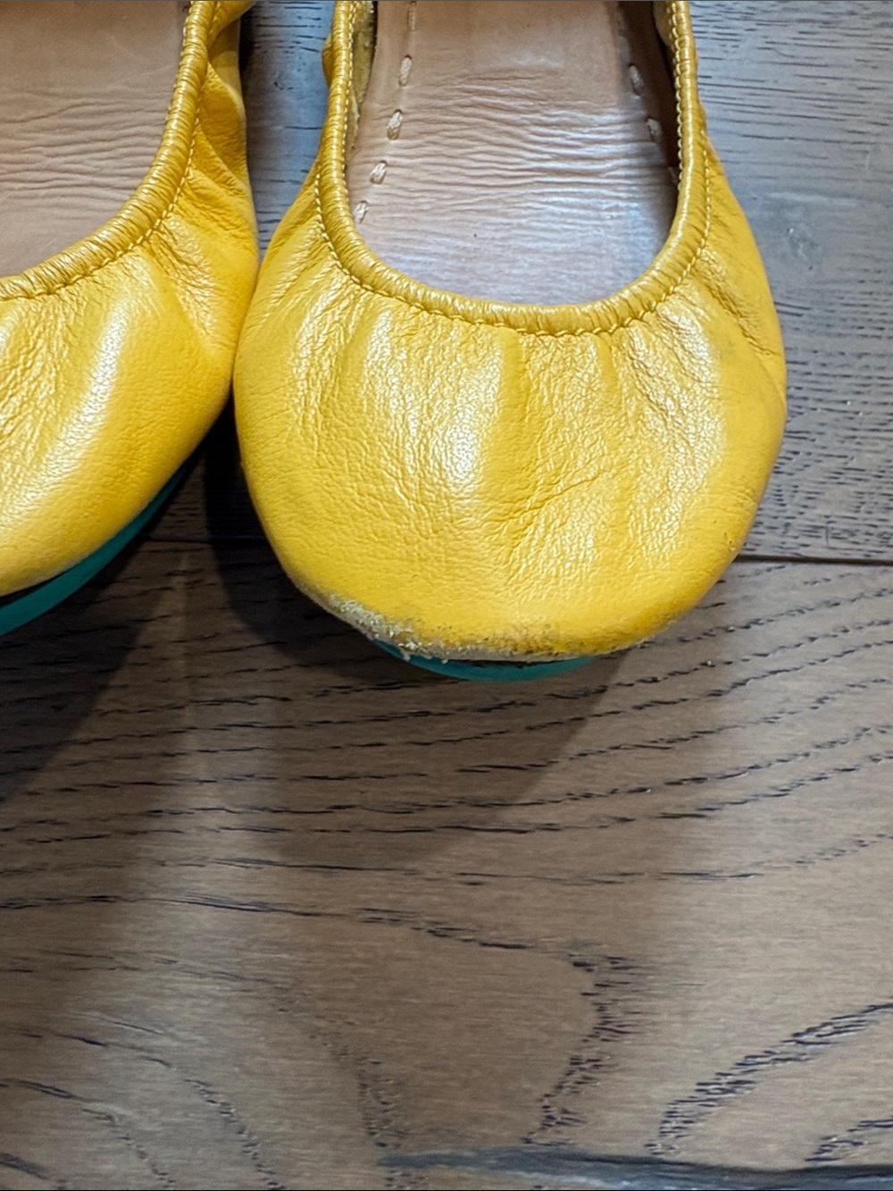 Tieks Yellow Leather Ballet Flats with Teal Accent - Picture 3 of 6